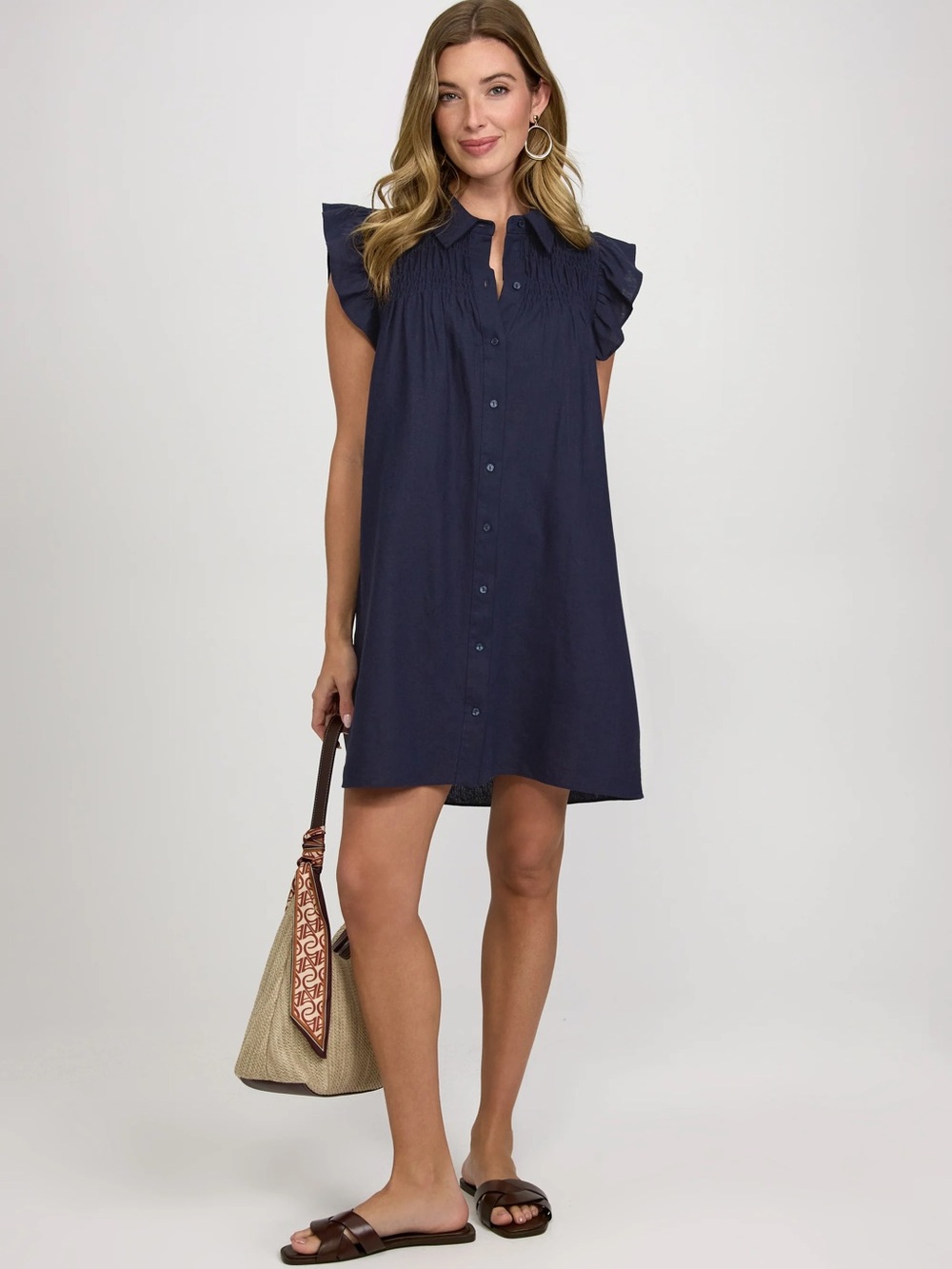 16. London times • NWT Linen Blend Navy Ruffle Sleeve Button-Front Dress PTP 21”